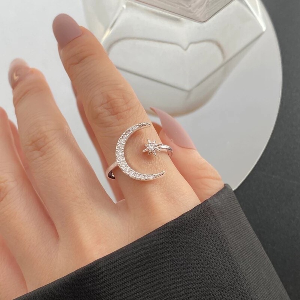 New Sterling Silver 925 Crystal Moon & Star Adjustable Ring